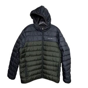 Eddie Bauer Cirruslite‎ Hooded Duck Down Puffer Jacket Green Colorblock Mens L